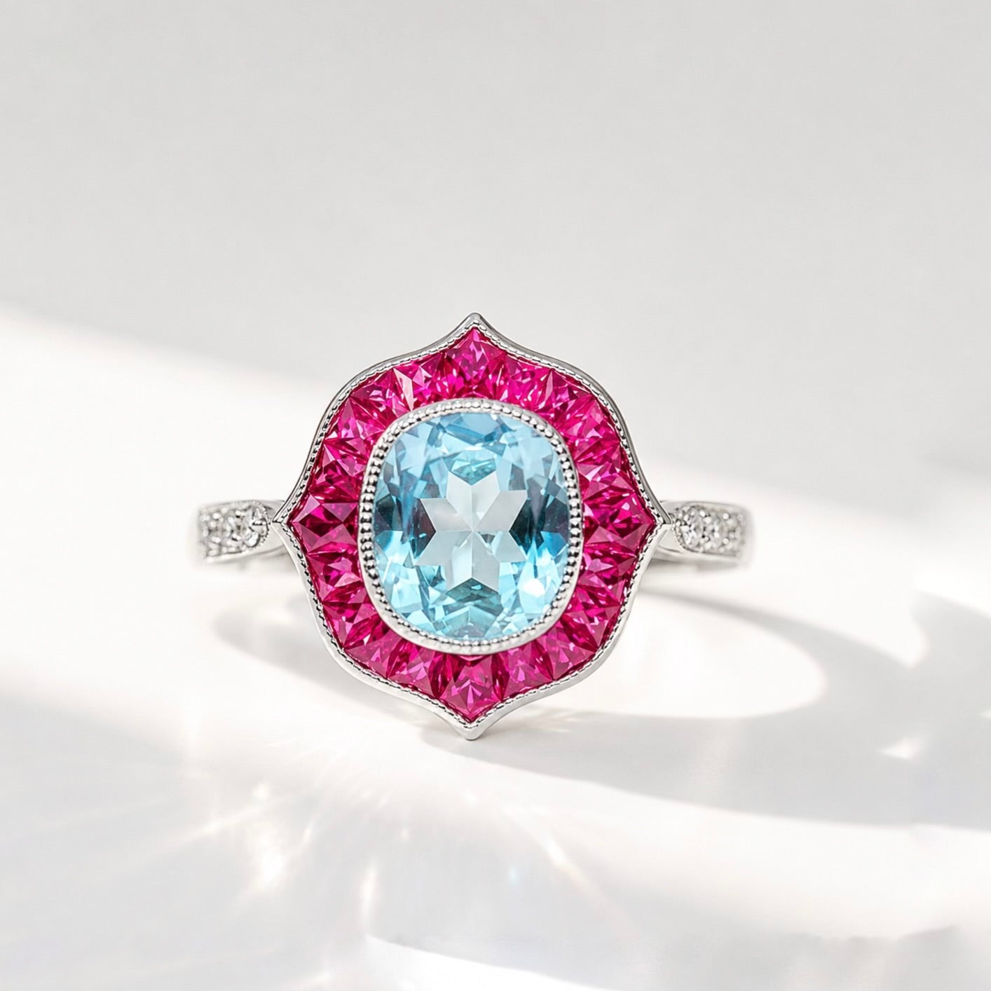Impressive 9ct White Gold Blue Topaz Ruby and Diamond Ring - Size M ½