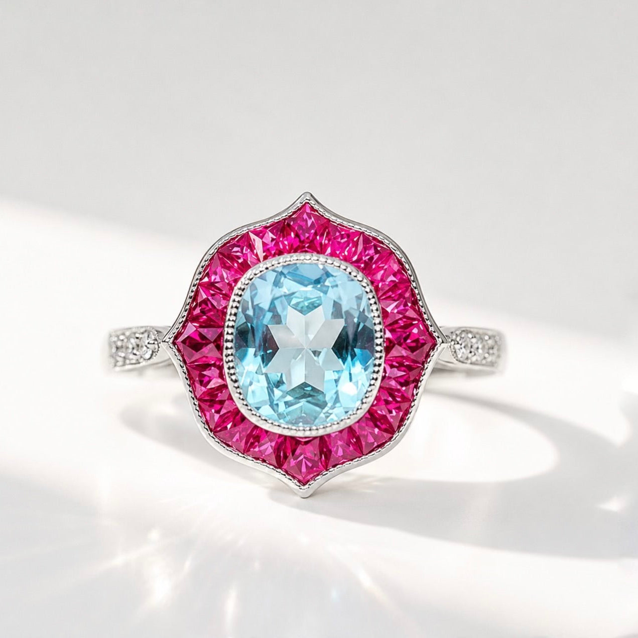 Blue Topaz, Ruby and Diamond 9ct White Gold Ring | Size M ½