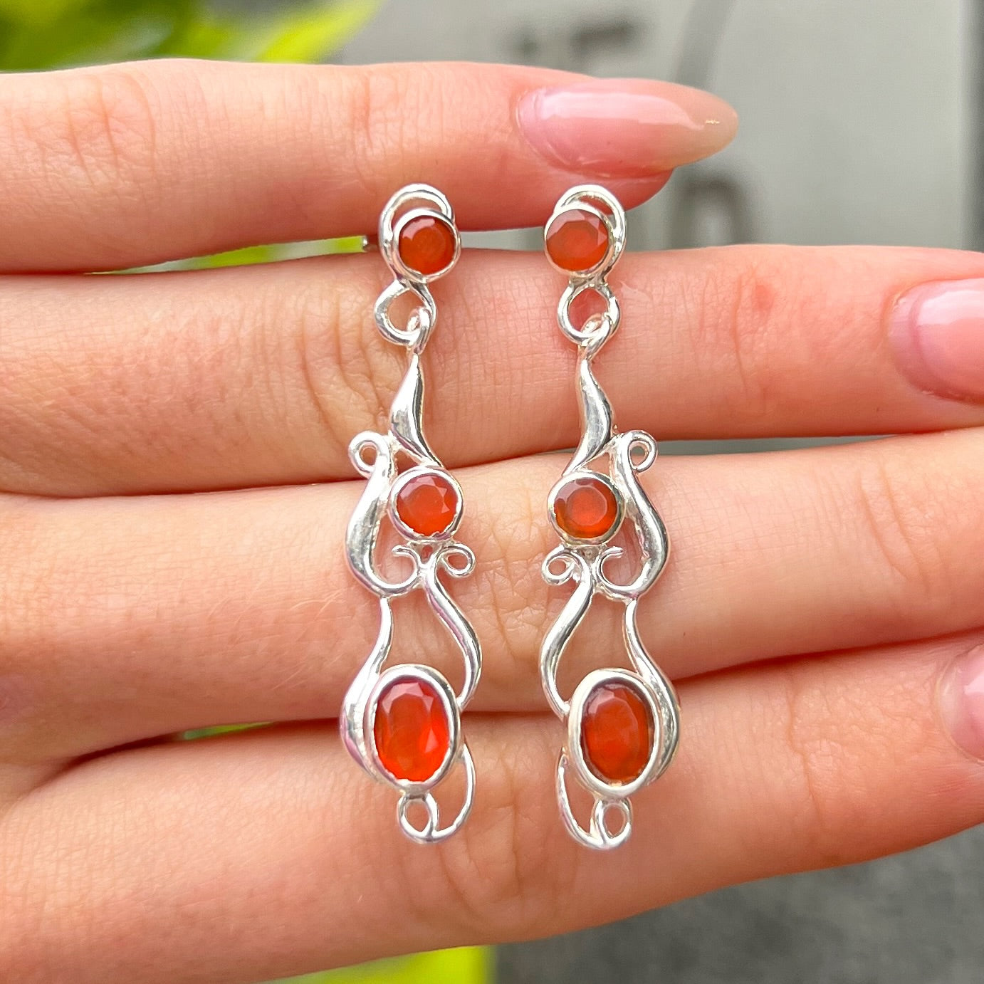 Sterling Silver Orange Carnelian Intricate Drop Earrings