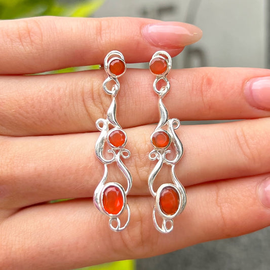 Sterling Silver Orange Carnelian Intricate Drop Earrings