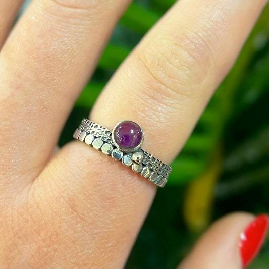 Boho-Inspired Patterned Sterling Silver Amethyst Stacking Ring - Size Q