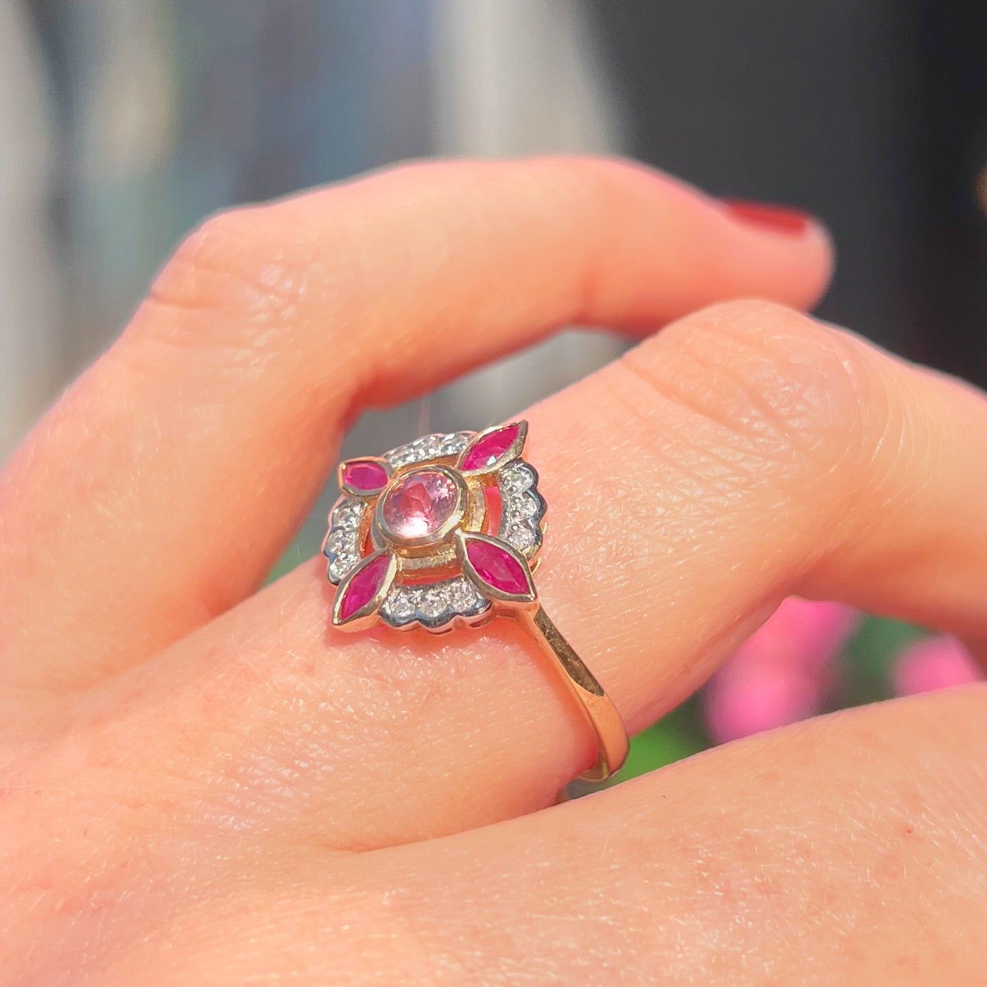 Edwardian Reproduction Pink Tourmaline, Ruby and Diamond 9ct Yellow Gold Ring | Size O