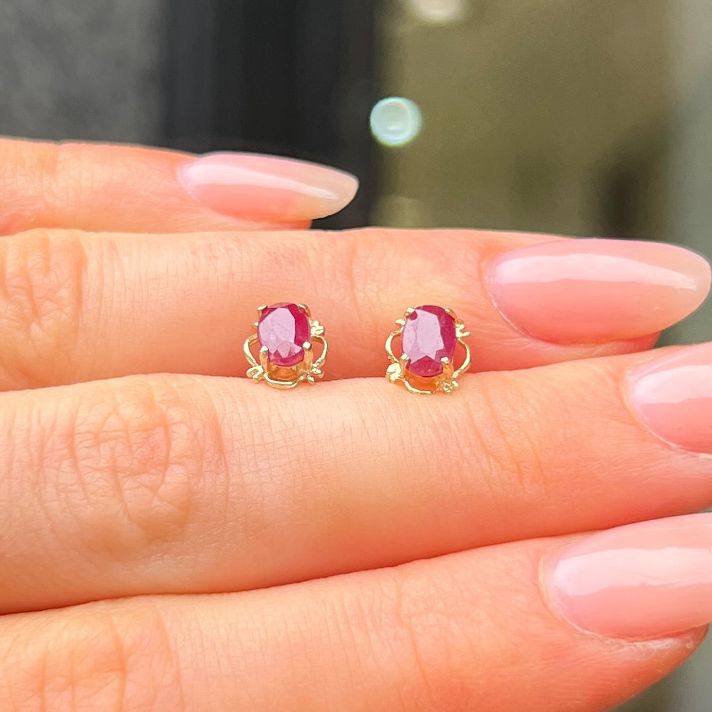 Pink Ruby Oval Cut 9ct Yellow Gold Dainty Stud Earrings