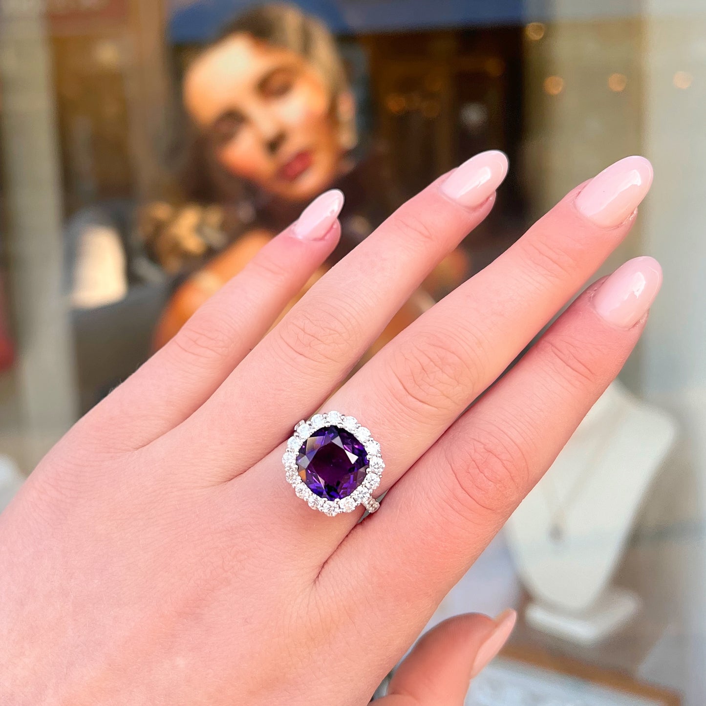 'Elizabeth' Ring - Spectacular 18ct White Gold Amethyst and Diamond Statement Dress Ring – Size N 1/2