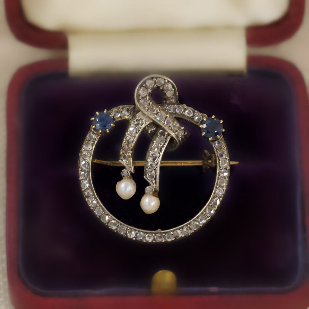 Victorian Sapphire, Pearl and Rose Cut Diamond Brooch