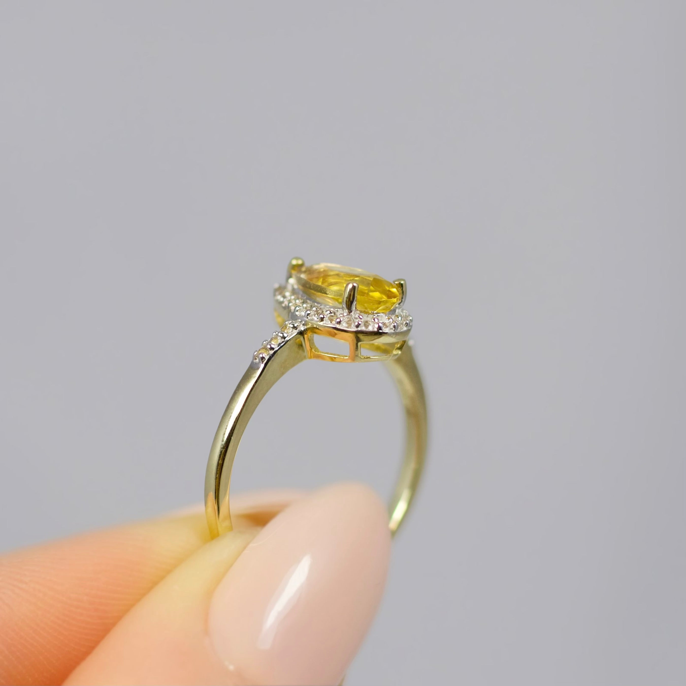 'The Belle' Citrine and Diamond 9ct Yellow Gold Pear Halo Ring | Size N