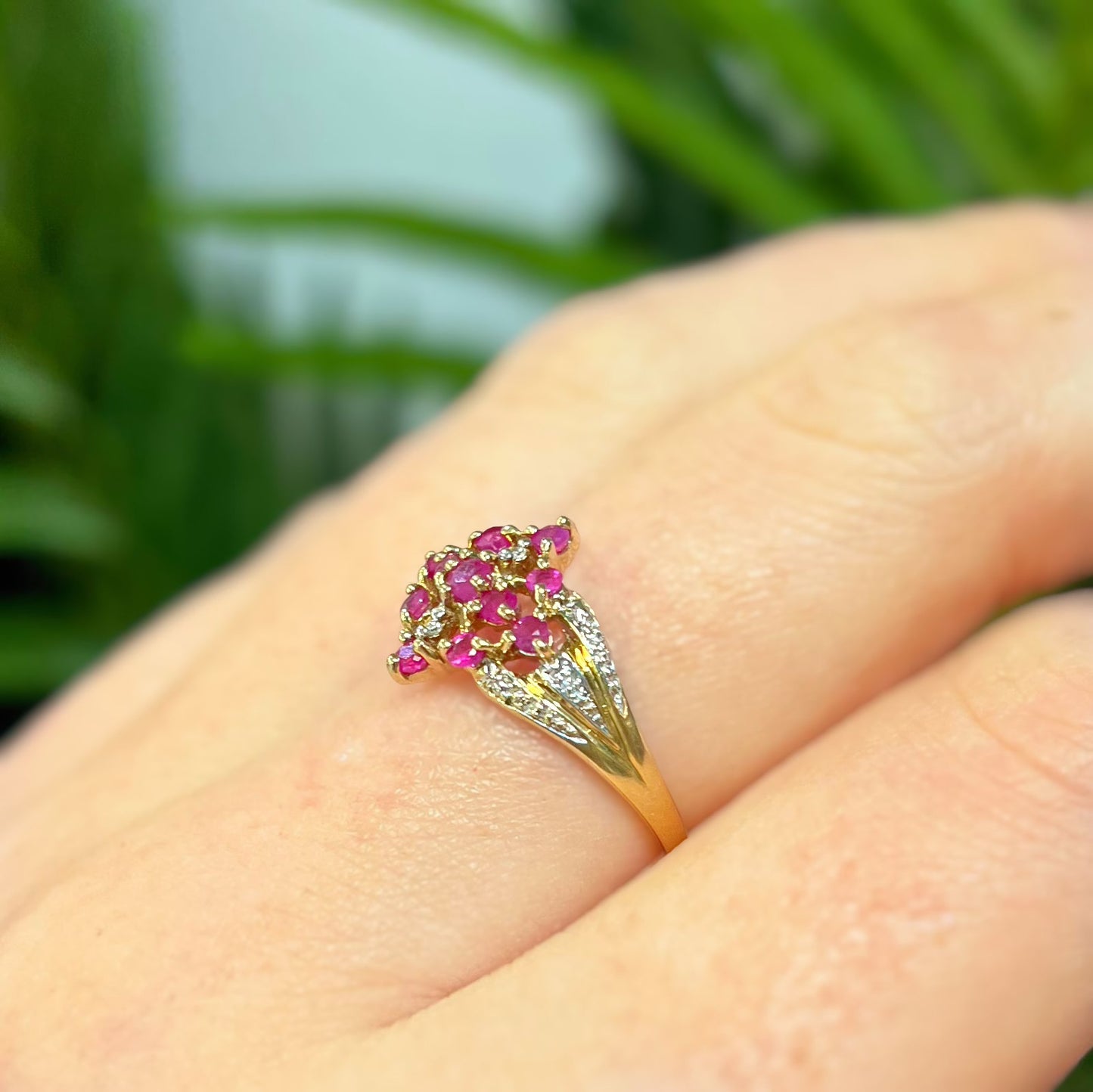 Unusual Vintage 9ct Yellow Gold Ruby and Diamond Ornate Cluster Ring - P