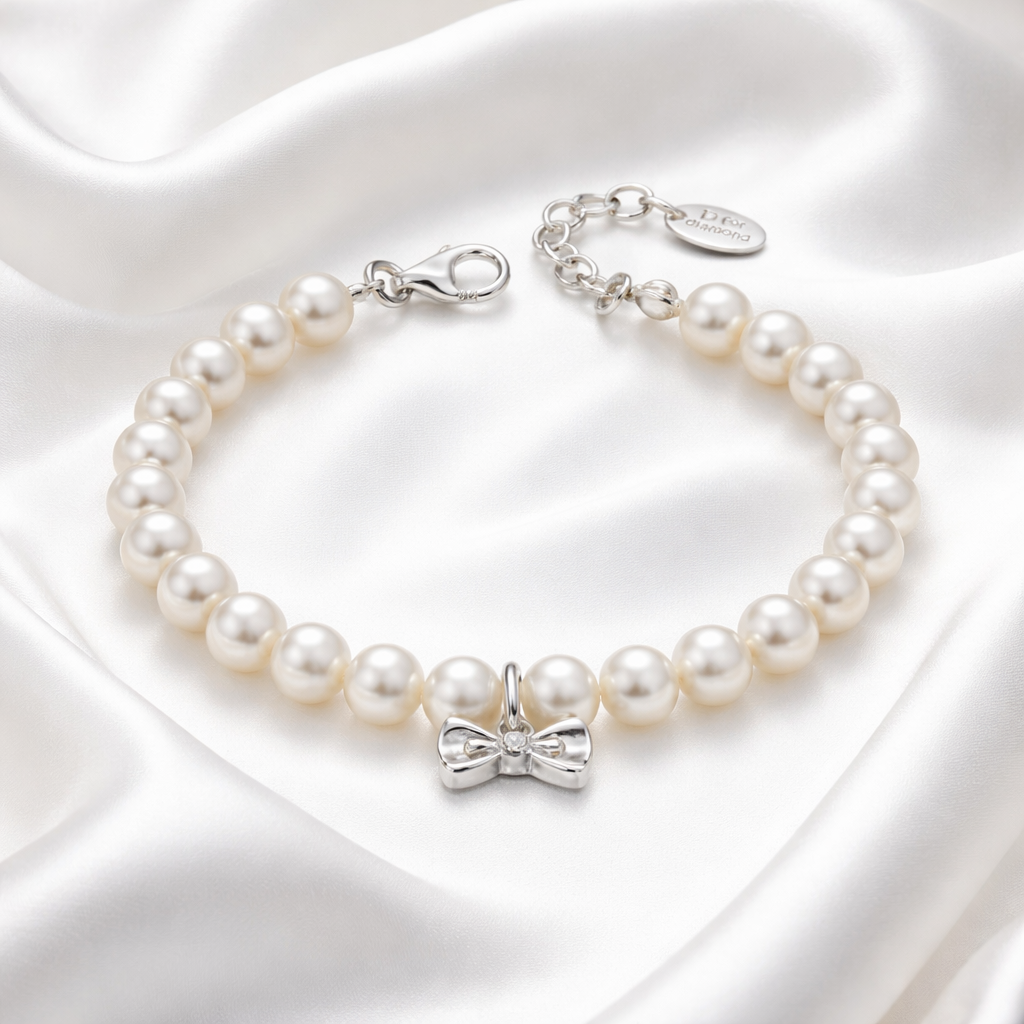Diamond, Pearl & Sterling Silver Bow Charm Children's Bracelet