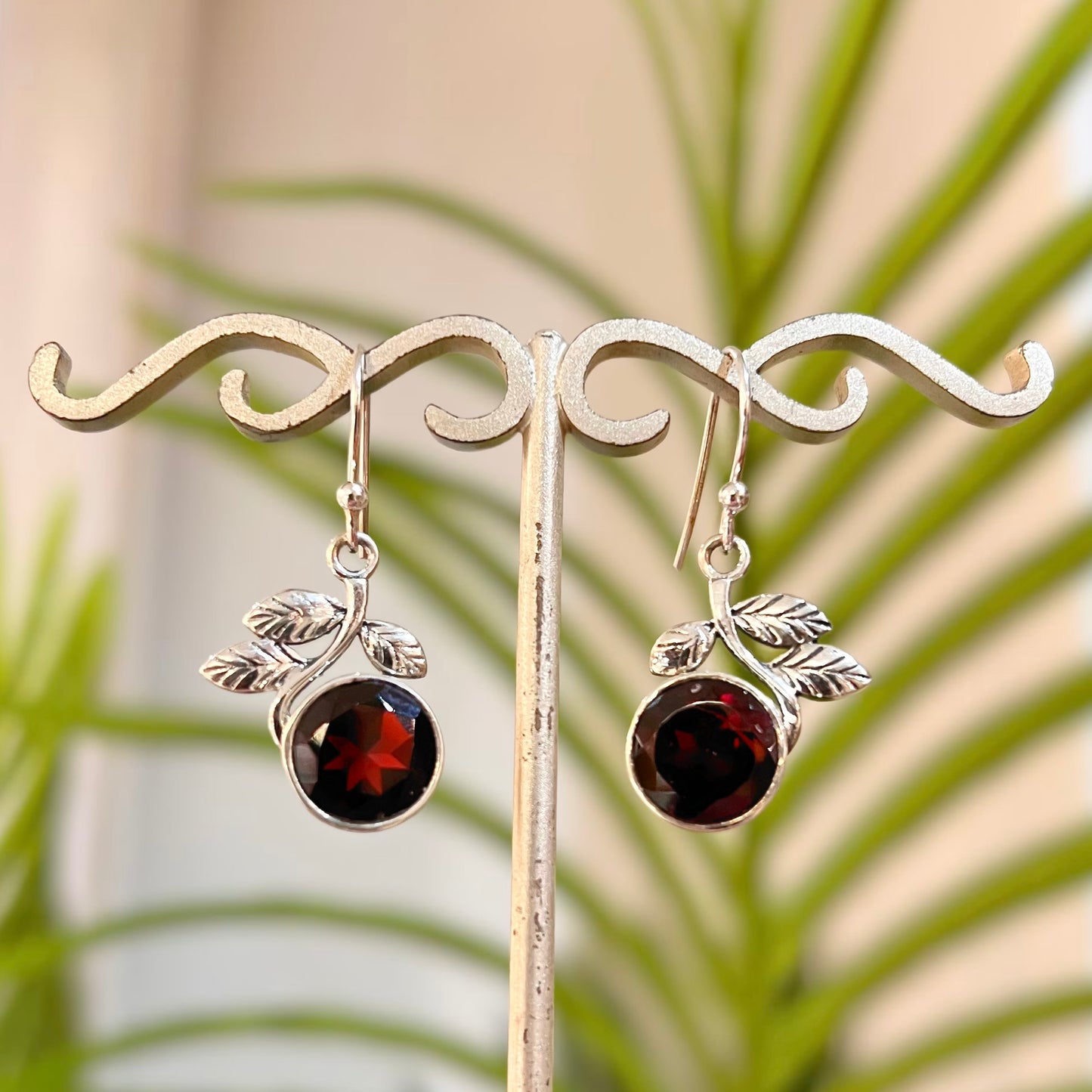 Sterling Silver Nature-Inspired Garnet Drop Earrings