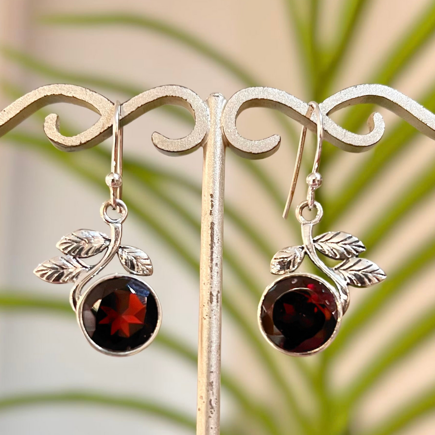 Sterling Silver Nature-Inspired Garnet Drop Earrings