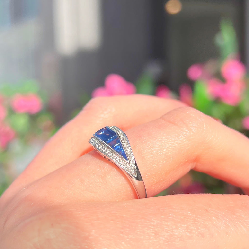 Art Deco Reproduction Madagascar Blue Sapphire and Diamond 9ct White Gold Ring | Size O