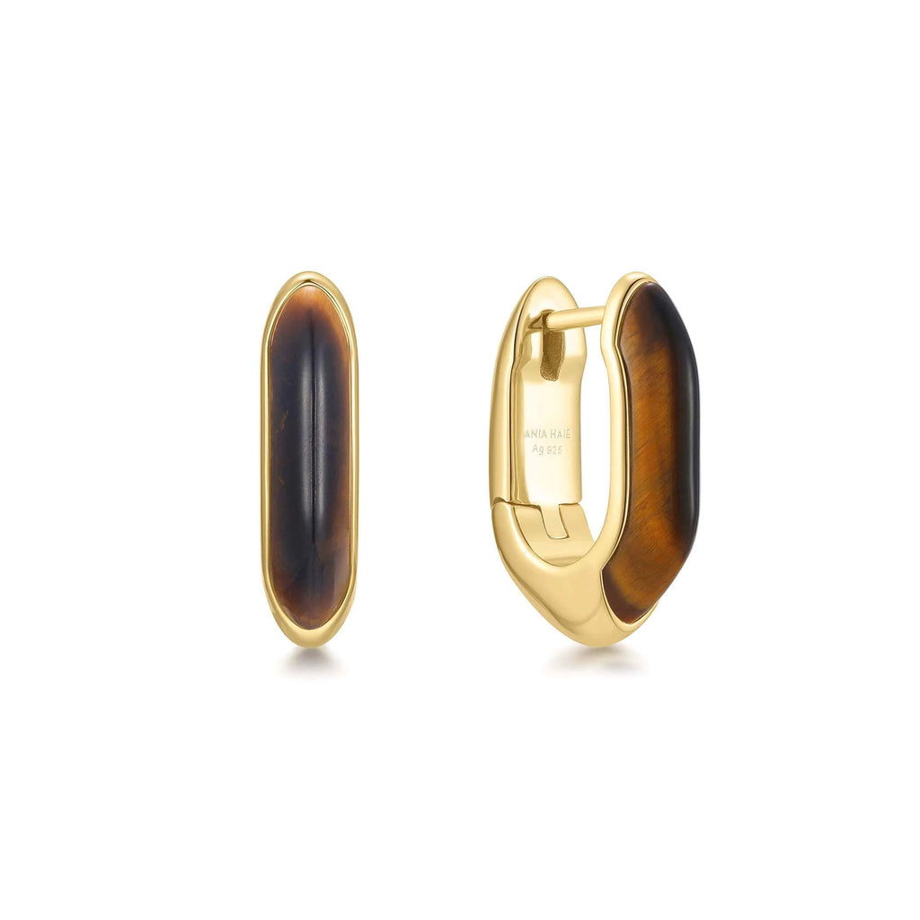 14ct Gold Plated Tiger Eye Huggie Hoop Earrings | Ania Haie