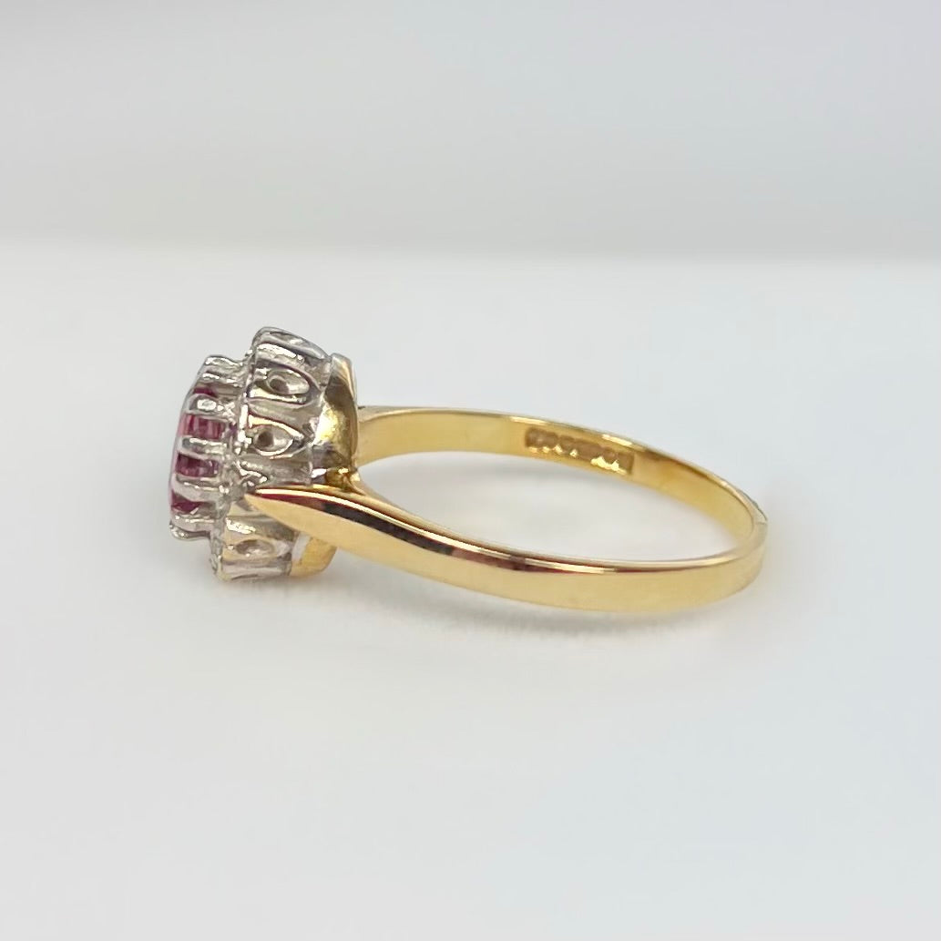 Vintage 9ct Yellow Gold Ruby and Diamond Cluster Ring - Size L