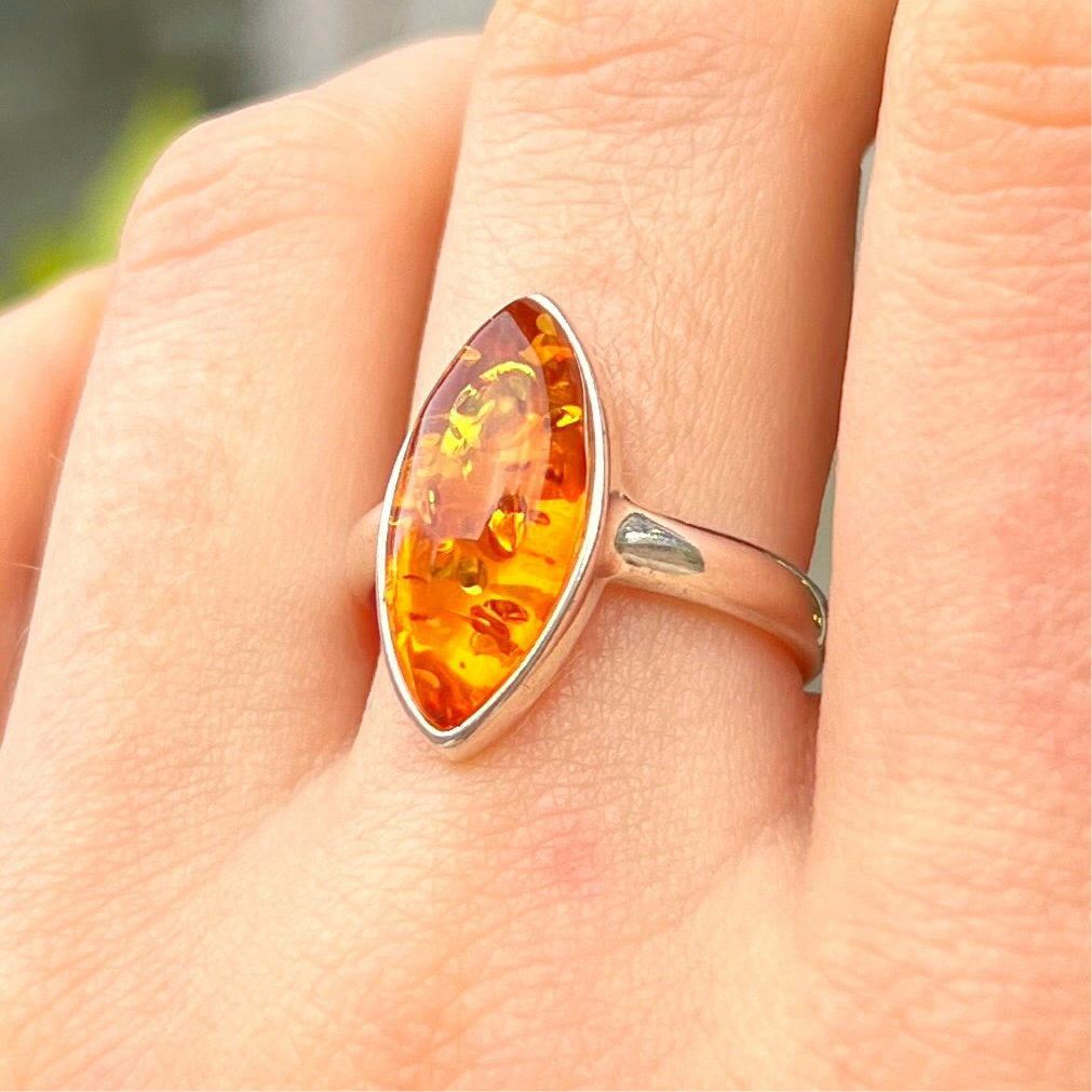 Orange Amber Sterling Silver Marquise Cut Ring | Size M