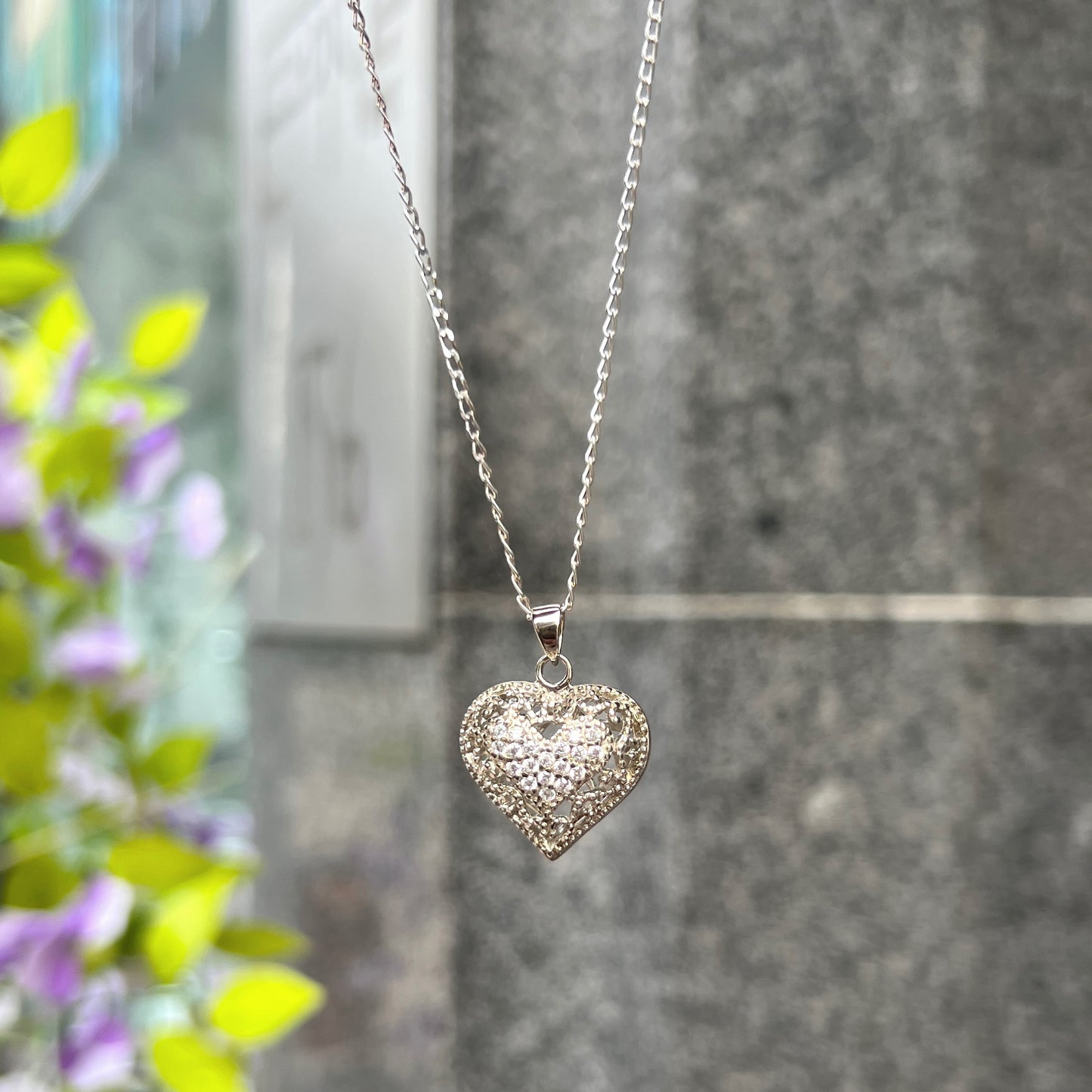 Sterling Silver Cubic 3D Heart Filigree Necklace