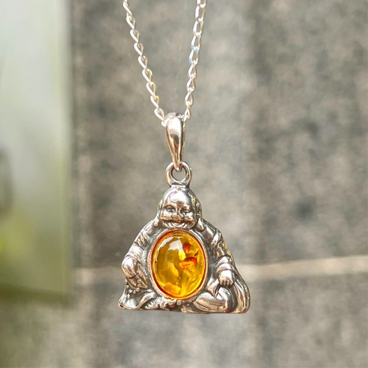 Sterling Silver Orange Amber Buddha Necklace
