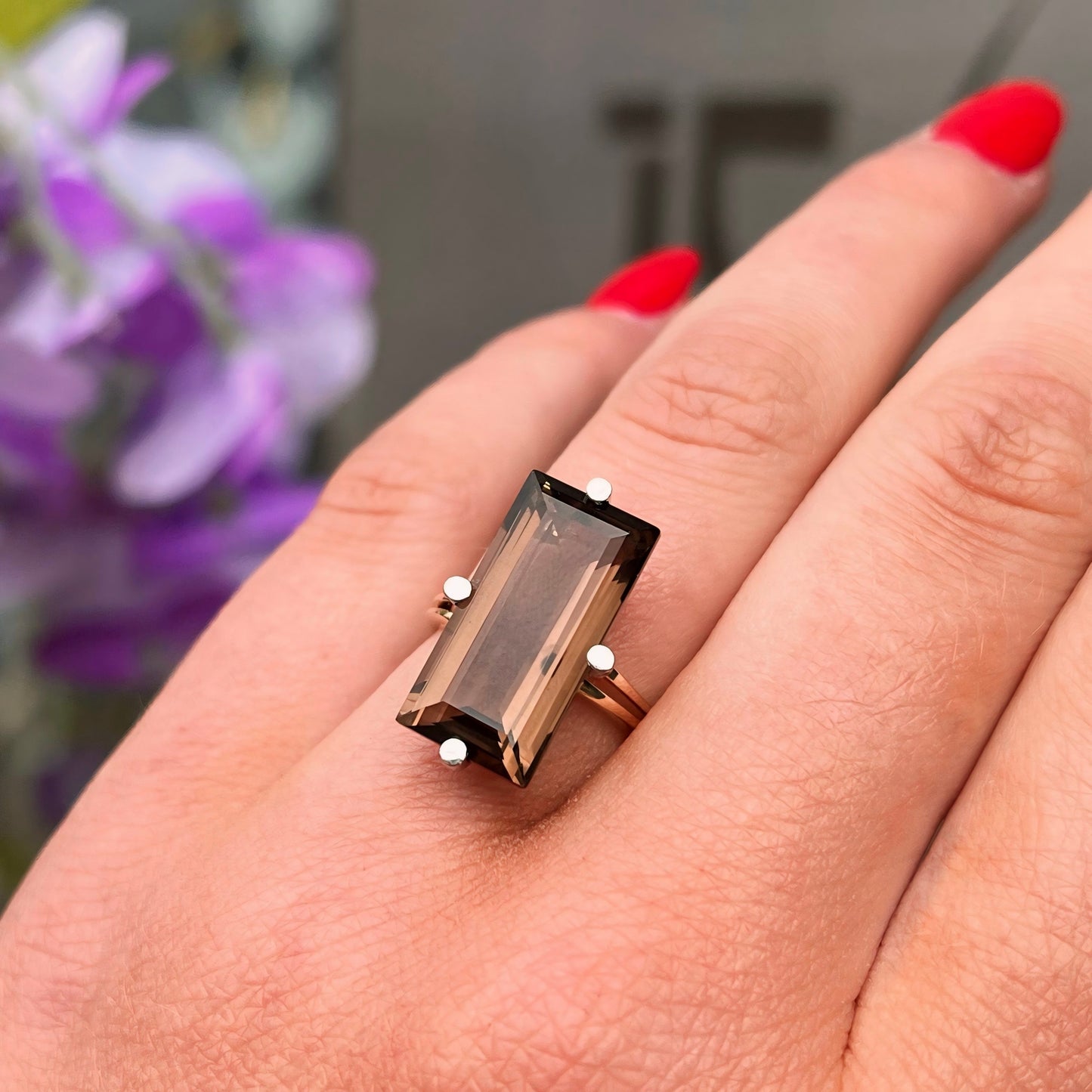 Vintage 9ct Yellow Gold Smoky Topaz Cocktail Ring - Size J