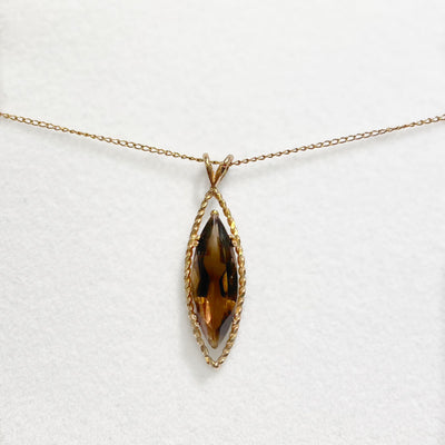 Vintage Smoky Topaz 9ct Yellow Gold Navette Shaped Necklace