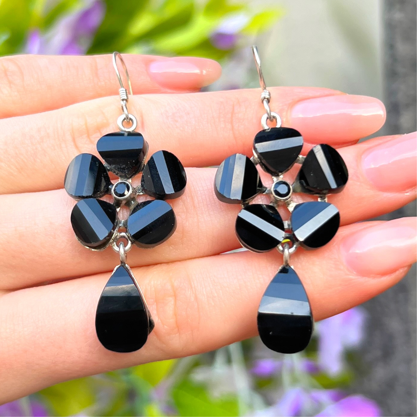 Sterling Silver Black Onyx Flower Drop Earrings