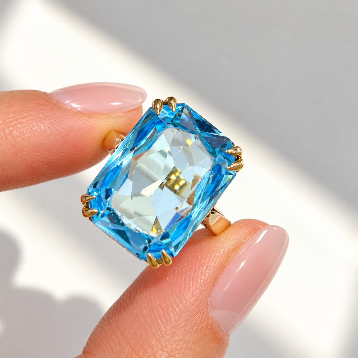 Vintage Blue Glass 9ct Yellow Gold Cocktail Ring | Size L