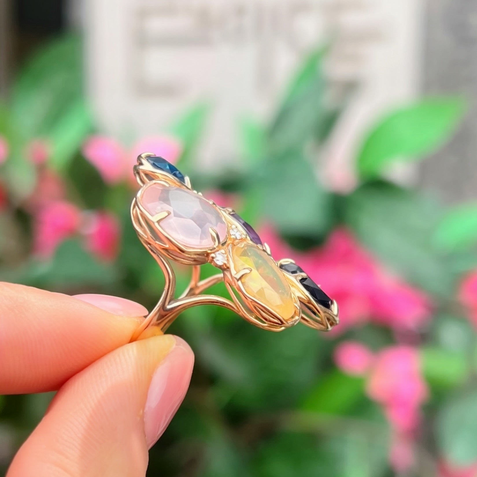 Rose Quartz, Iolite, Amethyst, Topaz, Opal and Diamond 14ct Rose Gold Chunky Ring | Peroni & Parise