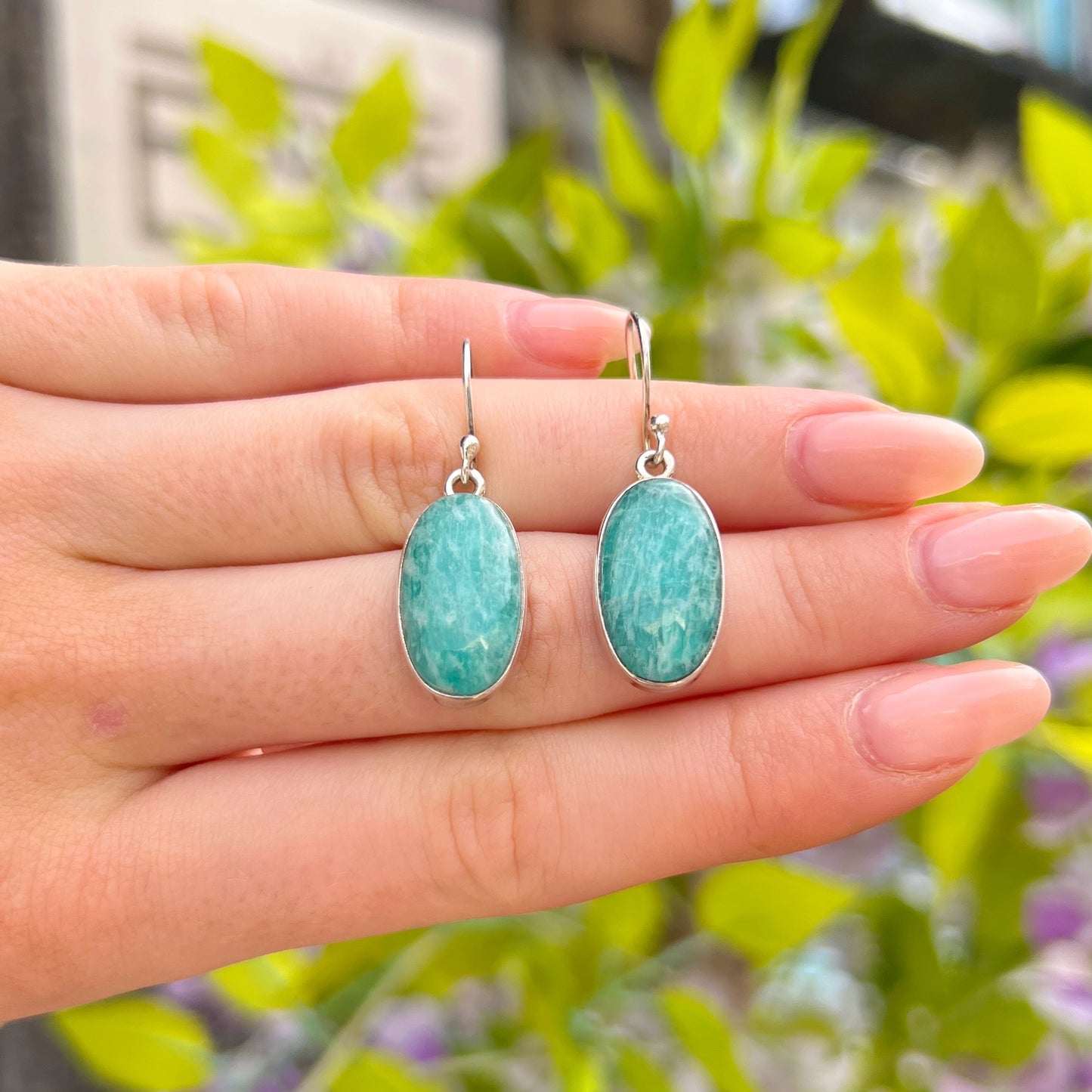 Sterling Silver Oval Blue Amazonite Drop Earrings