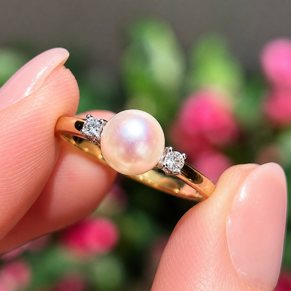 Classic Vintage Pearl and Diamond 9ct Yellow Gold Trilogy Ring | Size O ½