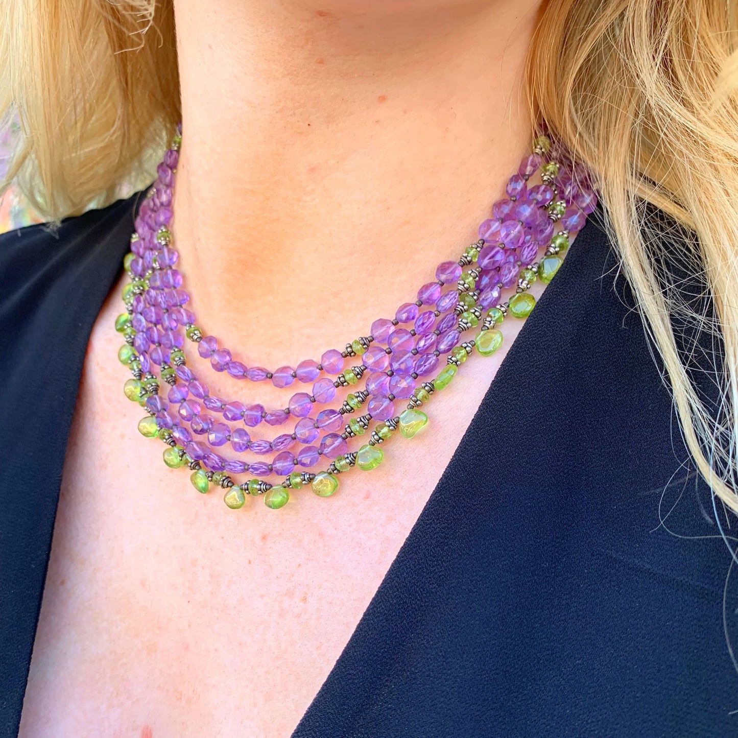 Vintage Inspired Sterling Silver Purple Amethyst & Green Peridot Layered Beaded Statement Necklace