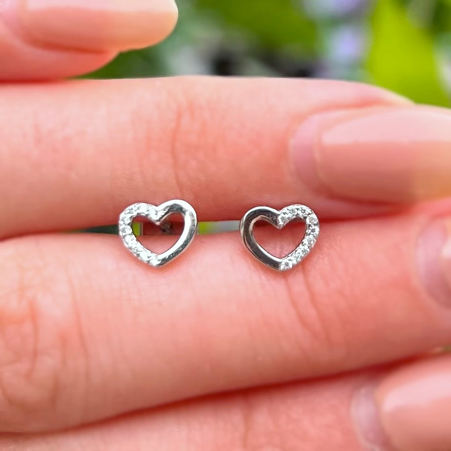 Sterling Silver Heart Outline Cubic Zirconia Encrusted Stud Earrings