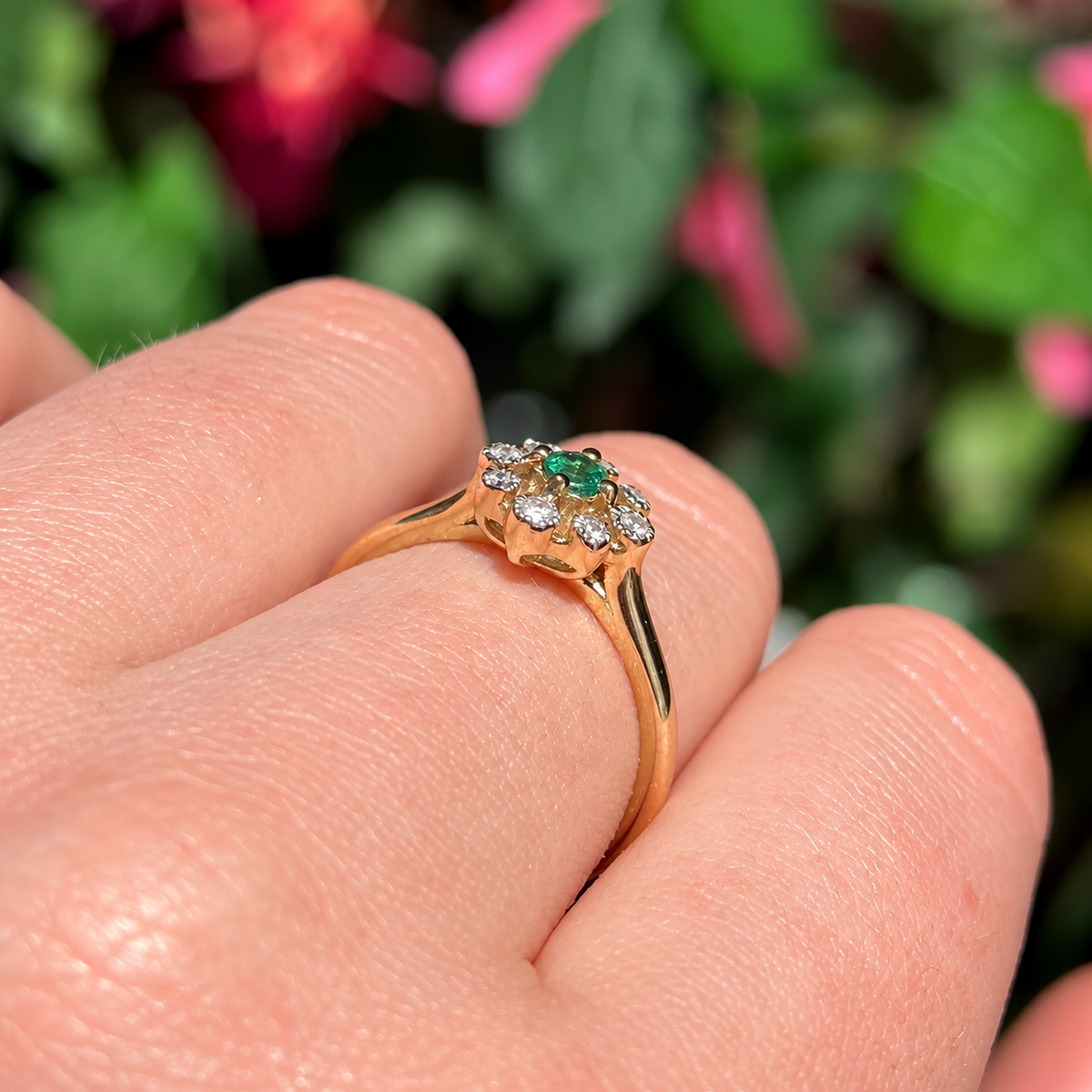 Emerald and Diamond 9ct Yellow Gold Flower Ring | Size O ½