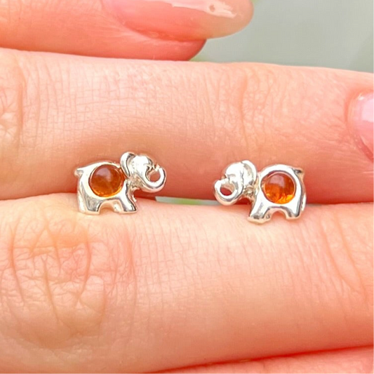 Sterling Silver Orange Amber Lucky Elephant Small Stud Earrings