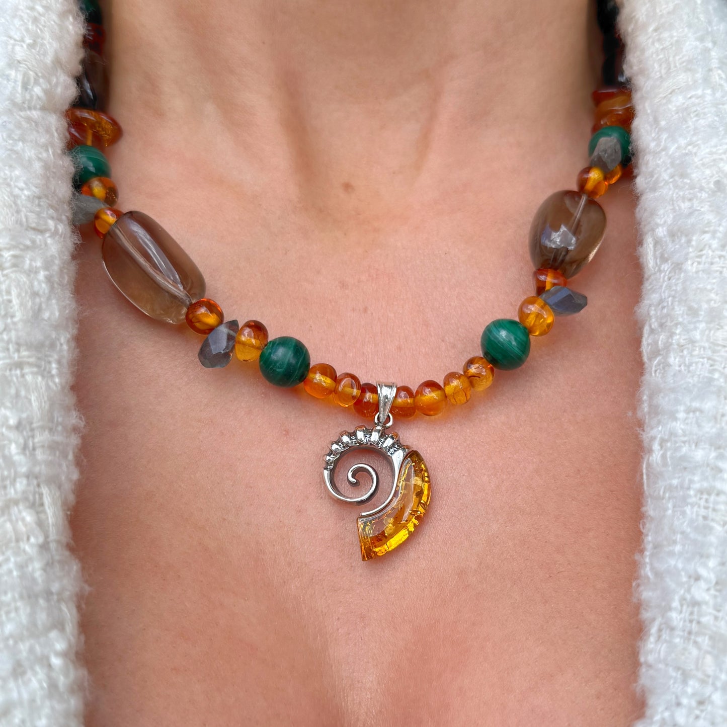 Orange Amber, Green Malachite, Dark Labradorite & Smoky Quartz Fossil Design Sterling Silver Beaded Necklace