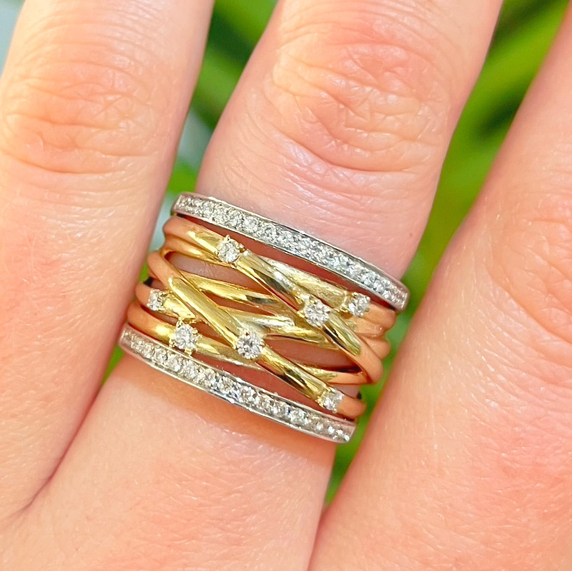 Unusual 9ct Gold Two Tone Wide Diamond Band Ring - Size O