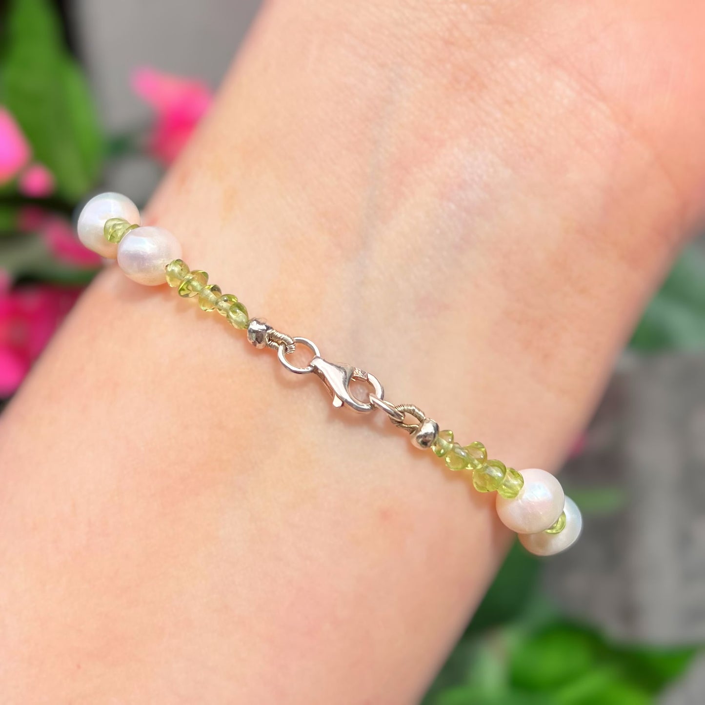 Unique Sterling Silver Peridot and Real Pearl Beaded Bracelet