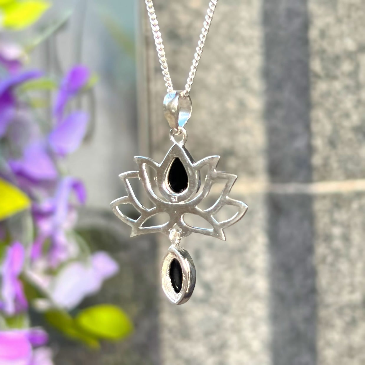 Sterling Silver Black Onyx Lotus Flower Necklace