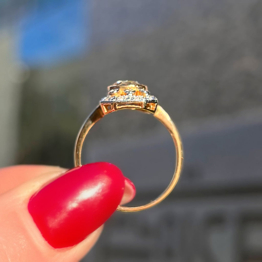 Art Deco Inspired Green Amethyst and Diamond 9ct Yellow Gold Ring | Size M