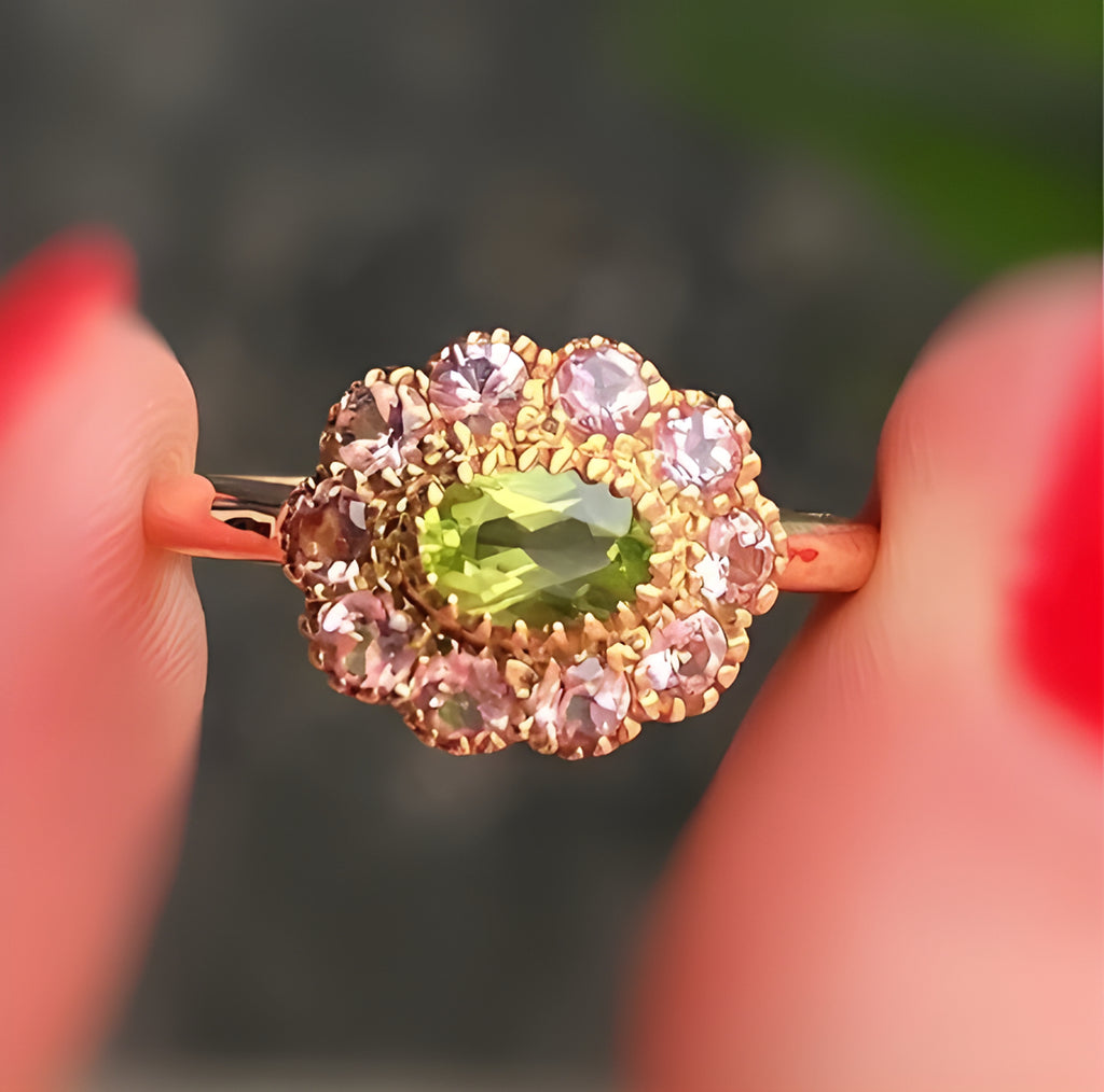 'The Arabella' Victorian Reproduction Peridot and Pink Tourmaline 9ct Yellow Gold Floral Inspired Ring | Size O