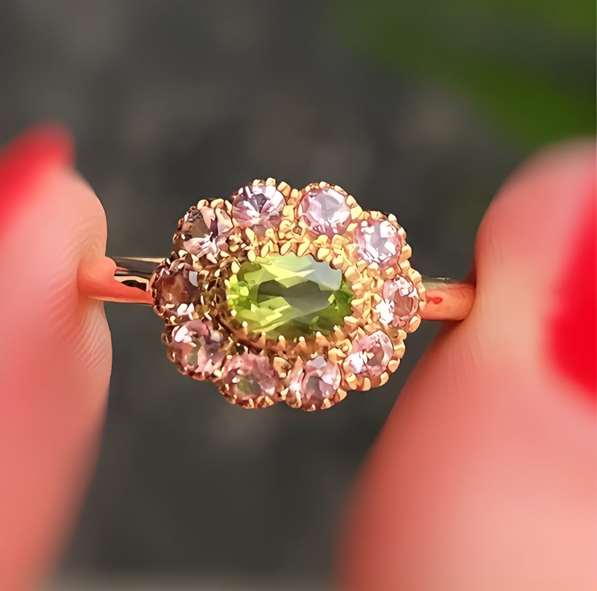 'The Arabella' Victorian Reproduction Peridot and Pink Tourmaline 9ct Yellow Gold Floral Inspired Ring | Size O