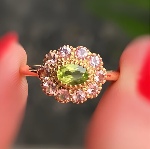 'The Arabella' Victorian Reproduction Peridot and Pink Tourmaline 9ct Yellow Gold Floral Inspired Ring | Size O