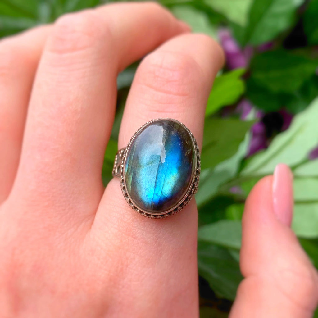 Boho Oval Blue Labradorite Sterling Silver Chunky Ring | Size O ½