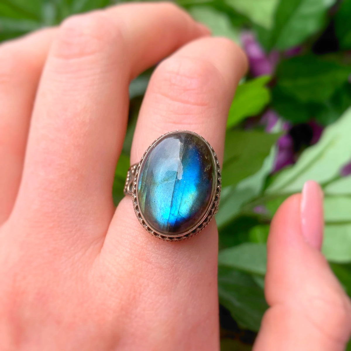 Boho Oval Blue Labradorite Sterling Silver Chunky Ring | Size O ½