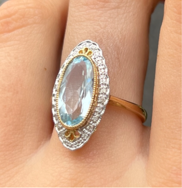 9ct Yellow Gold Blue Topaz and Diamond Ring - Size M ½