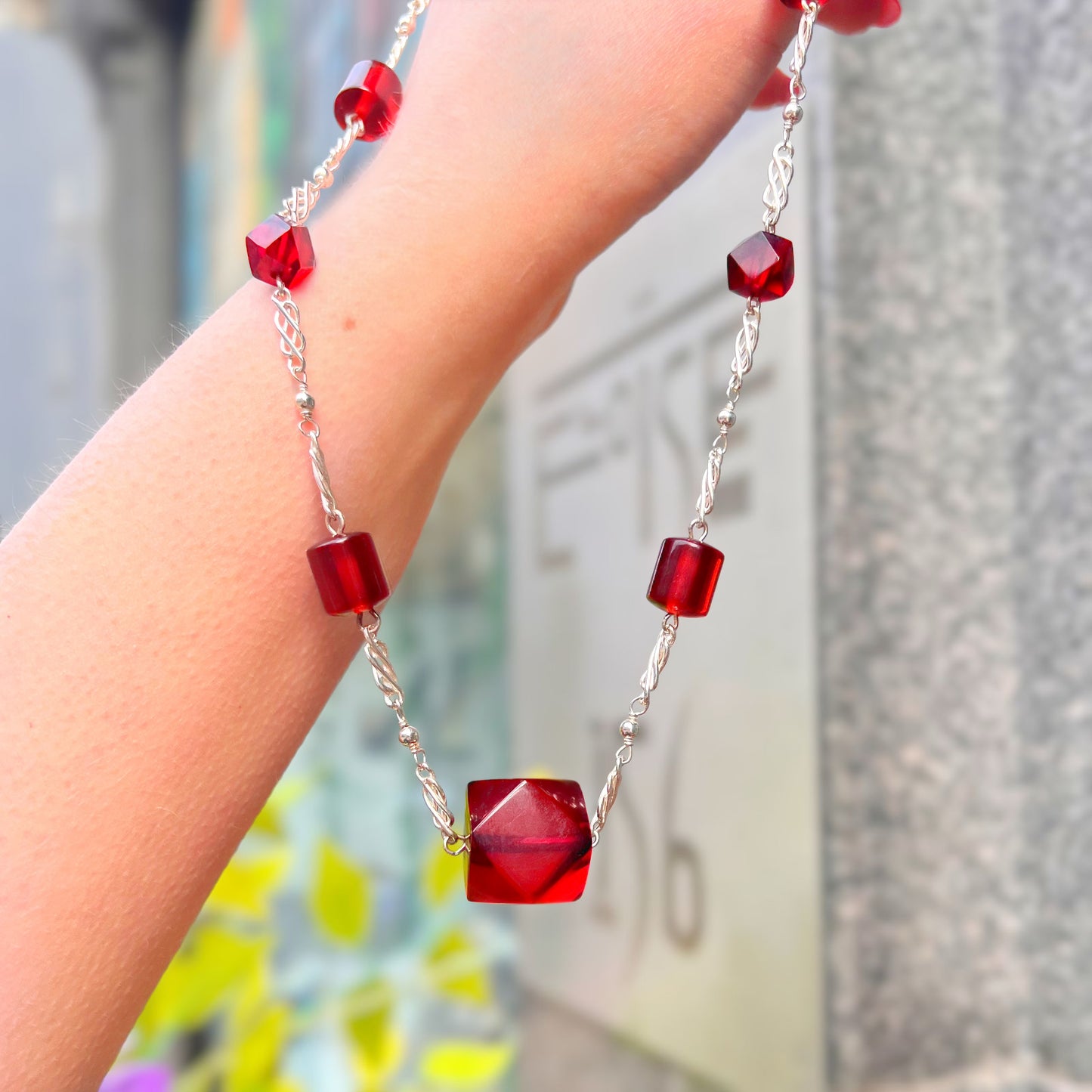 Antique 1920s Cherry Amber Beaded Necklace Handmade in Sterling Silver