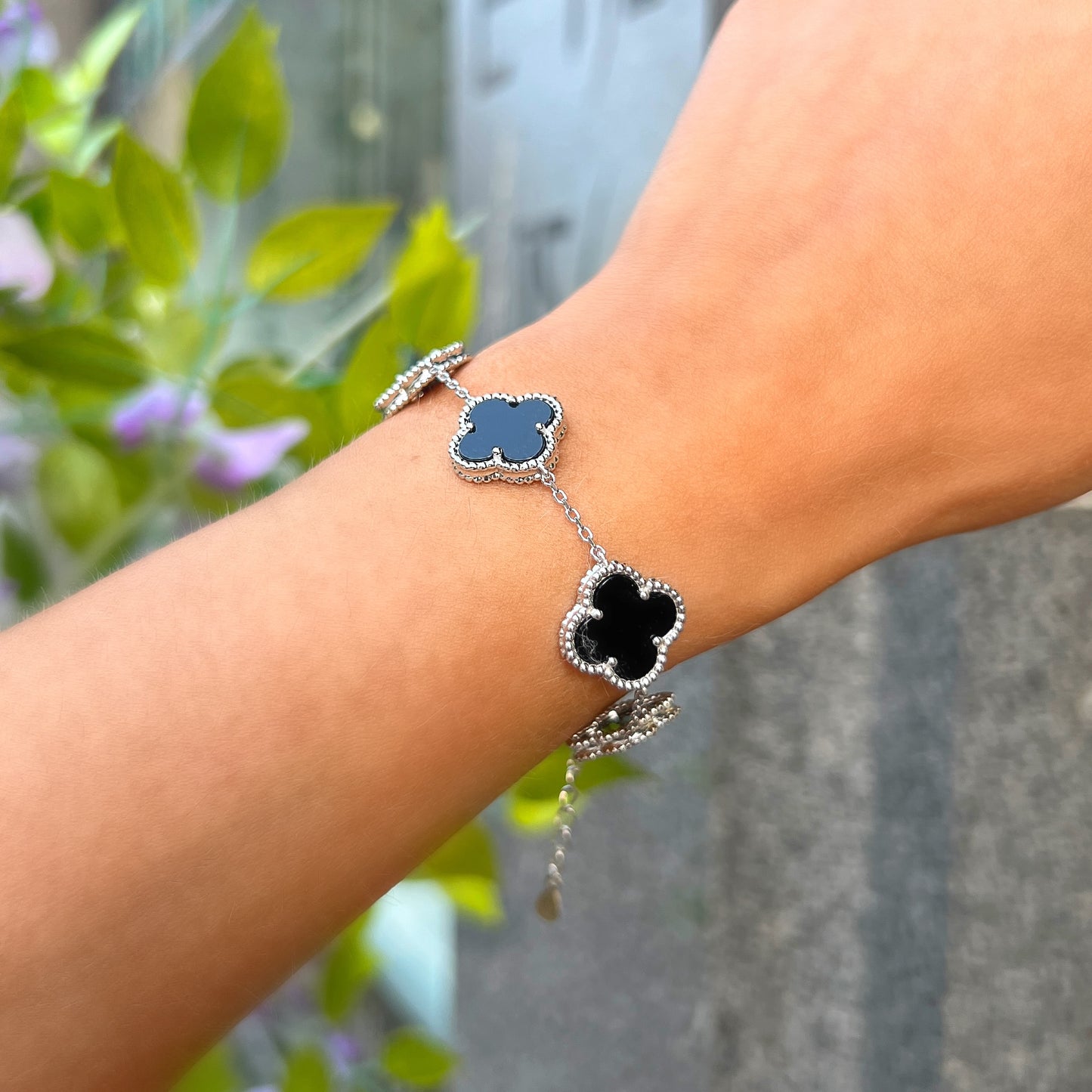 Sterling Silver Black Onyx Clover Bracelet