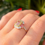Art Deco Inspired Green Amethyst and Pink Tourmaline 9ct Yellow Gold Ring | Size O ½