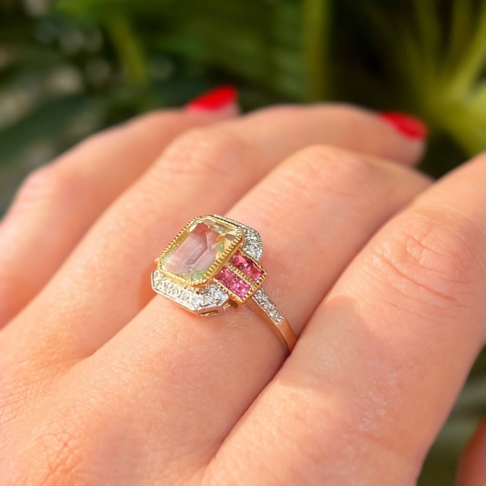 RESERVED | Art Deco Inspired Green Amethyst and Pink Tourmaline 9ct Yellow Gold Ring | Size O ½