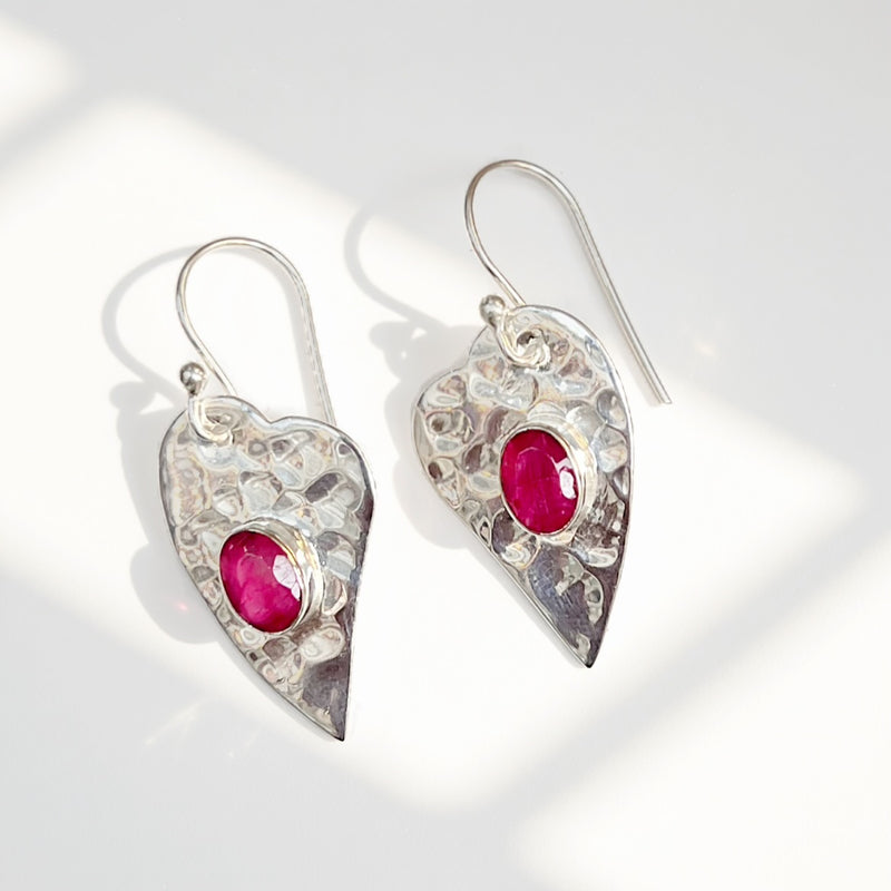 Sterling Silver Hammered Heart Ruby Earrings