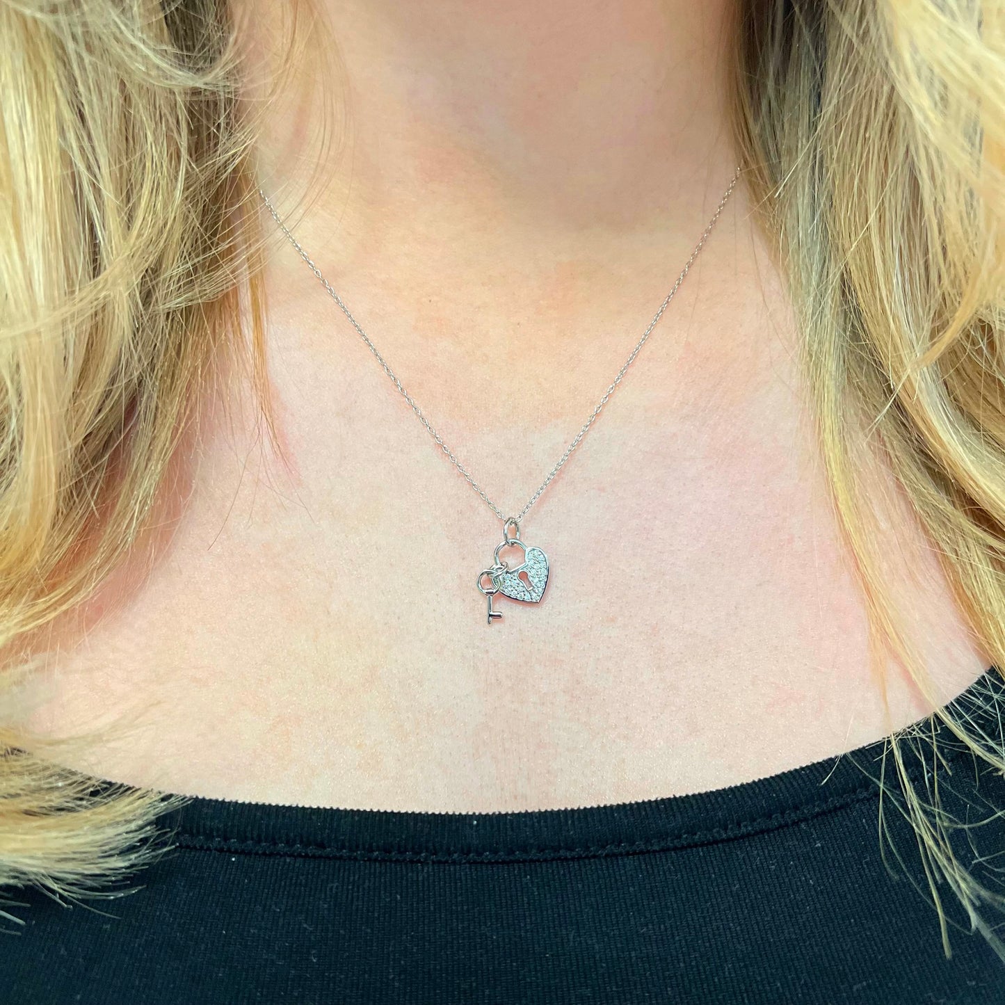 Cubic Zirconia Sterling Silver Heart Lock & Key Necklace