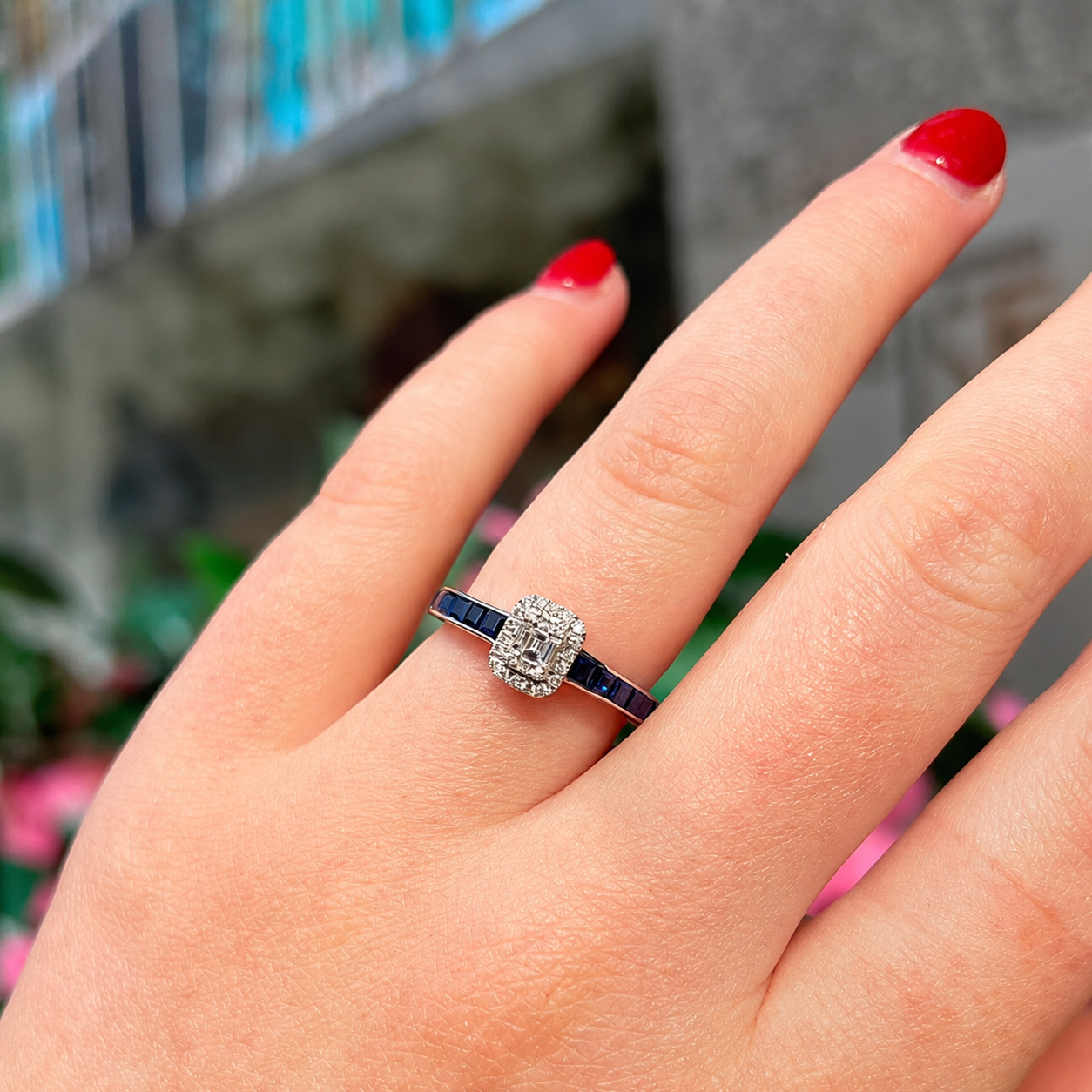 Sapphire and Diamond 18ct White Gold Modern Cluster Ring | Size O