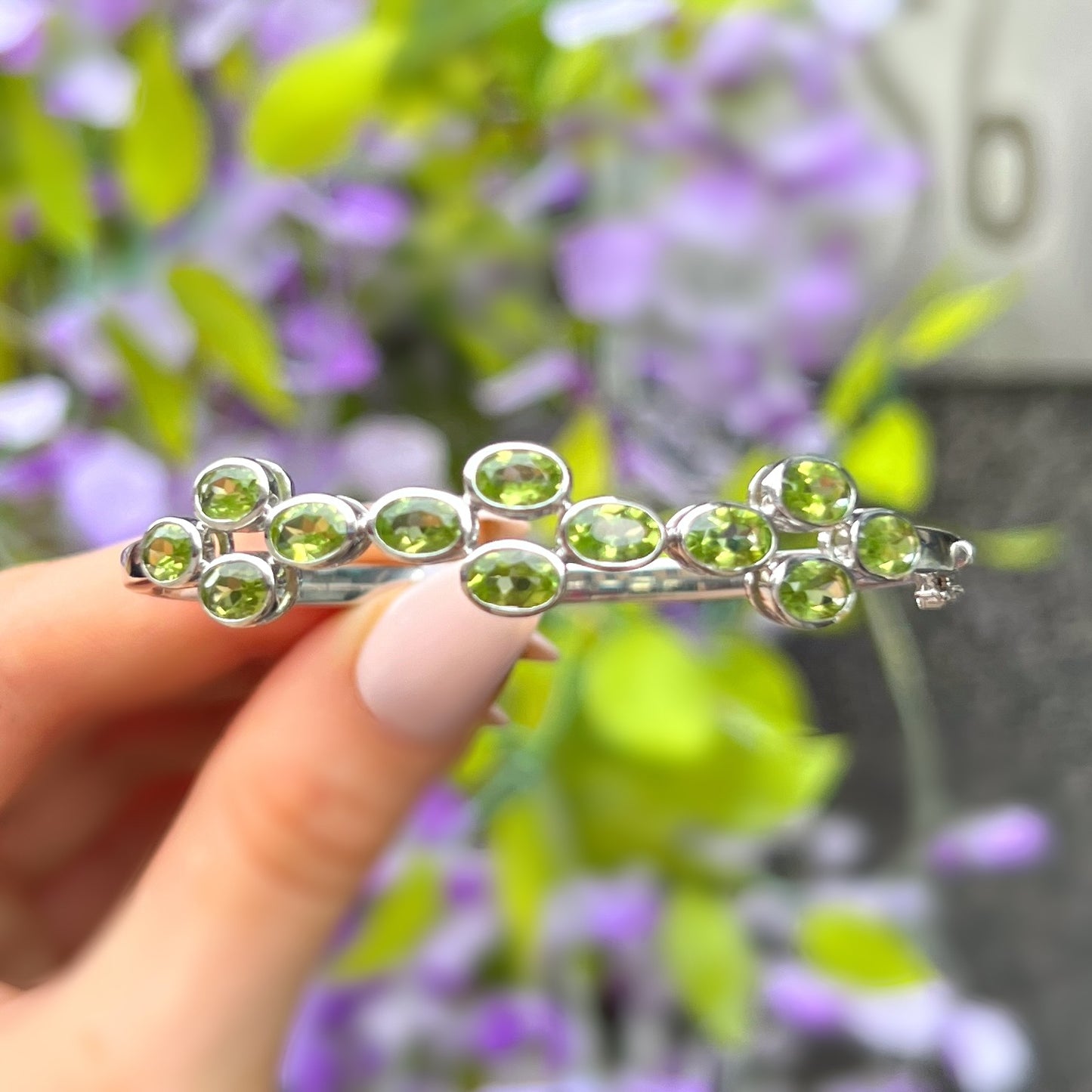 Delicate Minimalistic Bezel Set Peridot Sterling Silver Bracelet